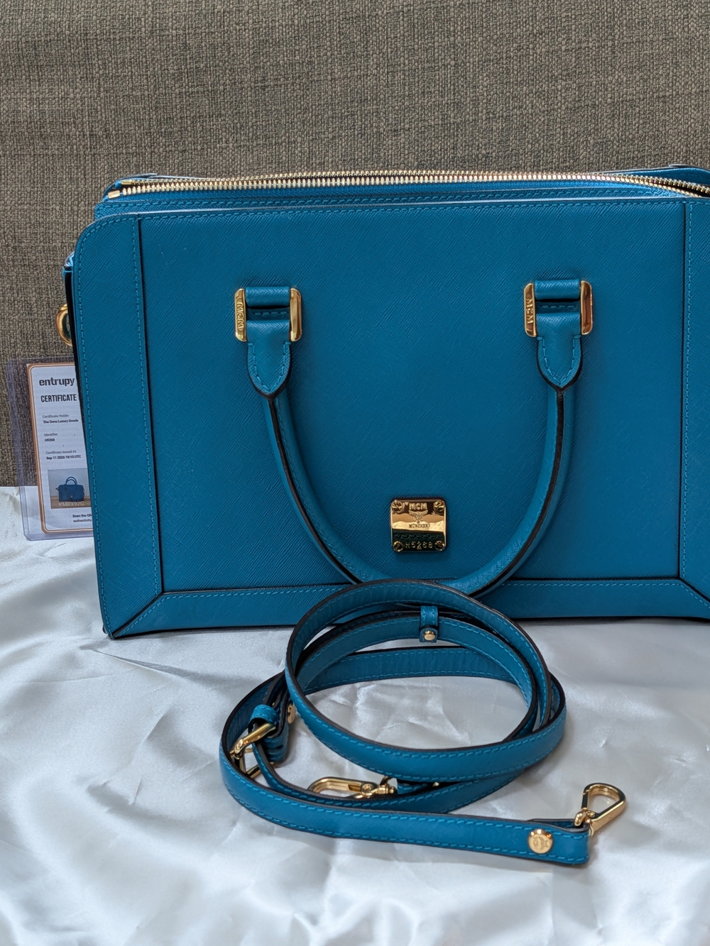 MCM Teal Structured Leather Satchel with Gold Hardware